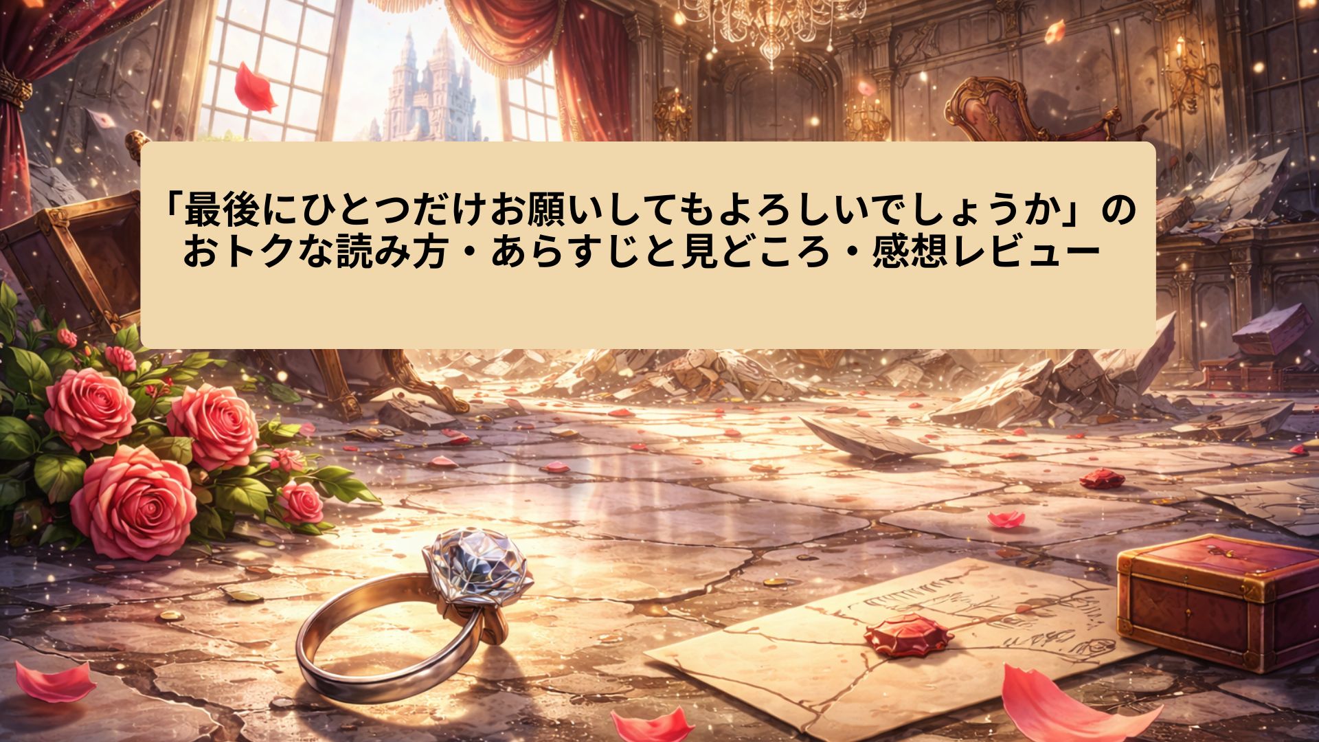 豪奢な舞踏会場が崩れ、床には割れた婚約指輪や散乱した書状、花びらが残されている。理不尽な婚約破棄と痛快な逆転劇を象徴する、悪役令嬢ファンタジーの世界観を表現したイラスト