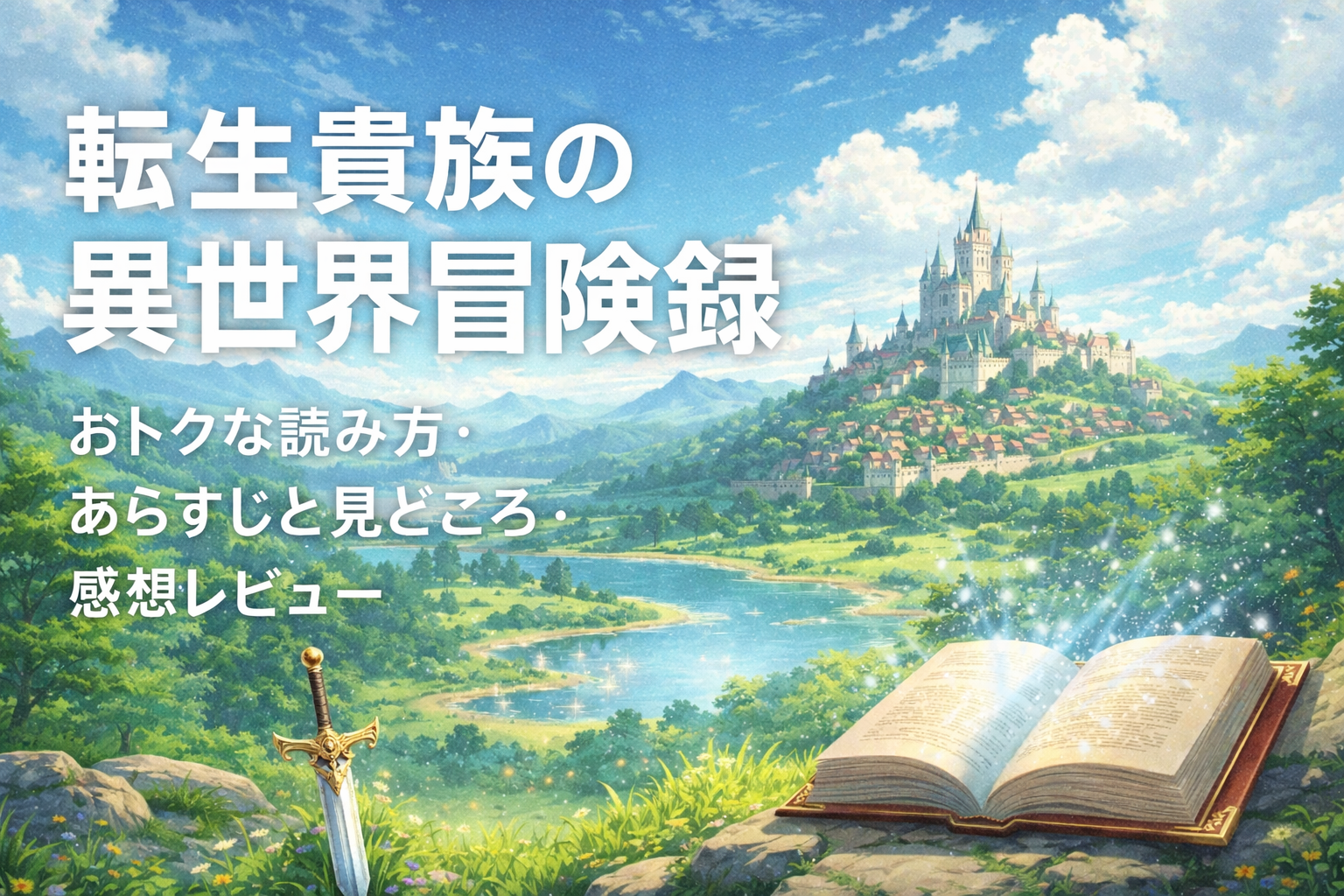 青空の下に広がる異世界ファンタジーの風景。緑豊かな大地と川の向こうに壮麗な城がそびえ、手前には光を放つ開かれた魔法書と装飾された剣が置かれている。