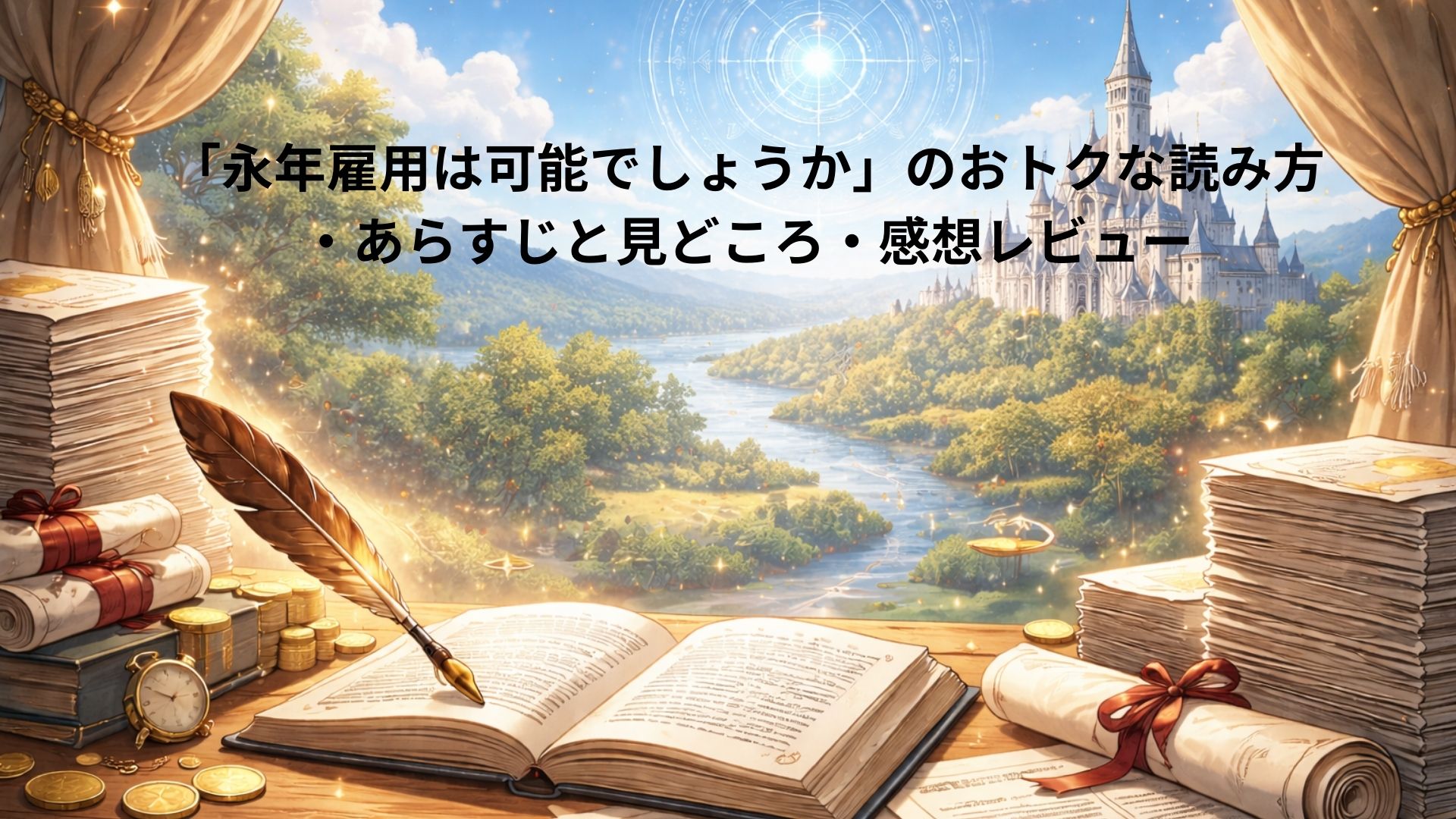 書類や帳簿が並ぶ執務机の奥に、川と城が広がる異世界の景色が描かれ、事務仕事とファンタジーが融合した物語の趣旨を象徴しているイラスト。