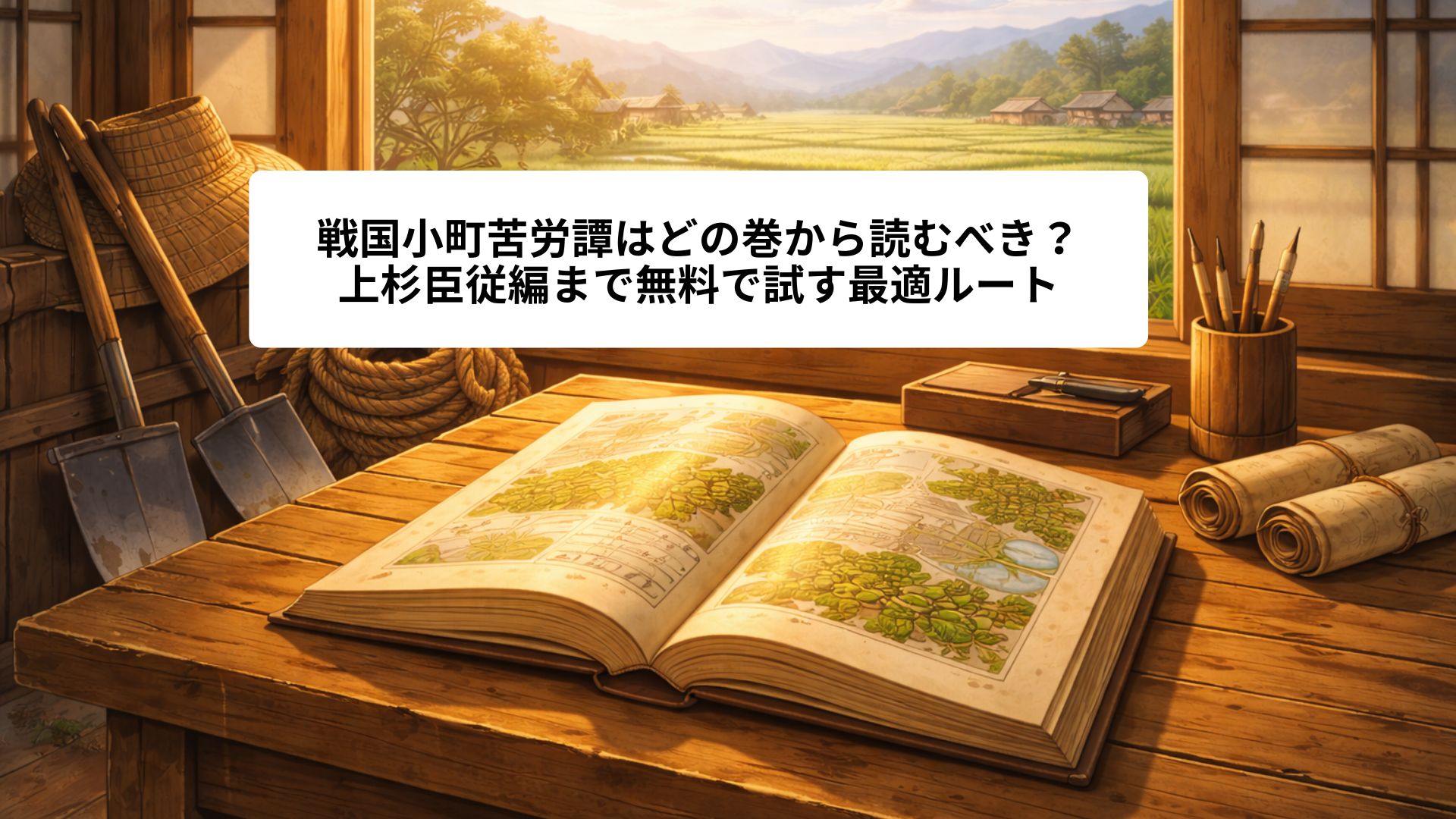 木製の机の上に開かれた一冊の本と農具、巻物が置かれ、窓から差し込む柔らかな光がページを照らしている。外には田畑と空が広がり、学びと物語を選ぶ静かな時間を象徴したイラスト