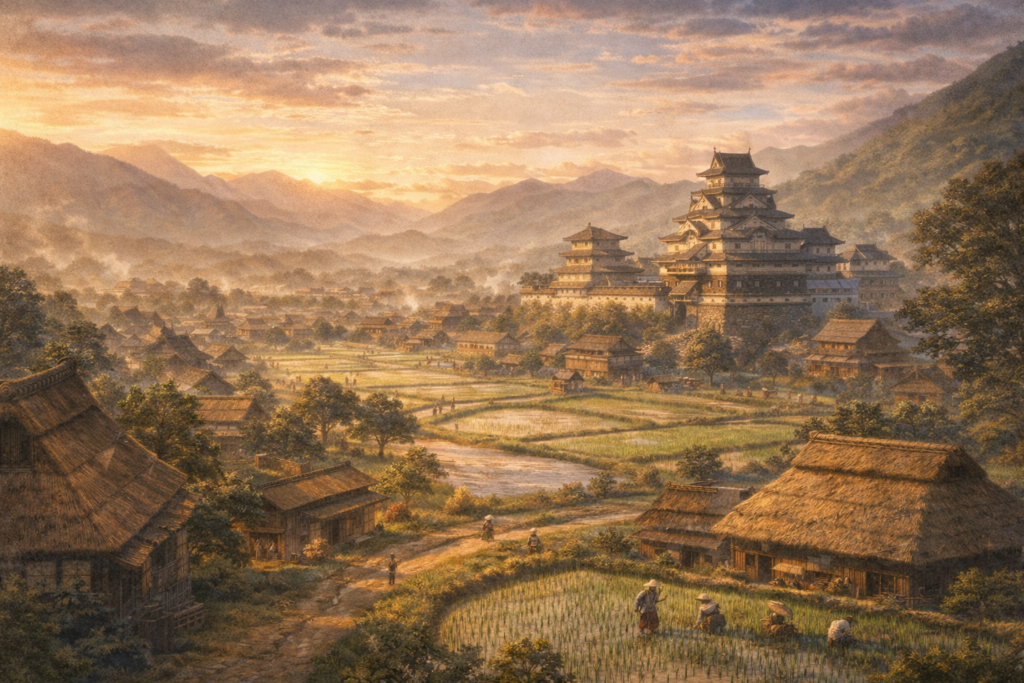 戦国時代を舞台にした物語「戦国小町苦労譚」の世界観を表現したイラスト。農村と城下町が広がる風景を通じて、物語の時代背景と穏やかな始まりの雰囲気を伝えている。