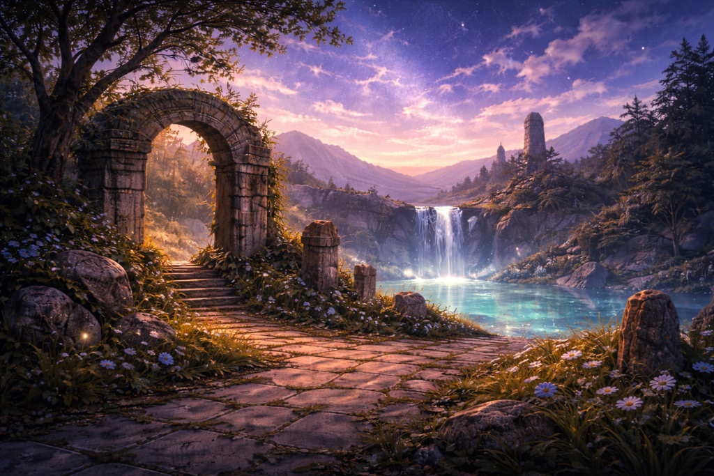 夕暮れの幻想的な風景。苔むした石畳の道と風化した遺跡のアーチの先に、滝が流れ込む静かな湖と遠くの山々が広がる、時間の流れと記憶を感じさせるファンタジー背景イラスト。
