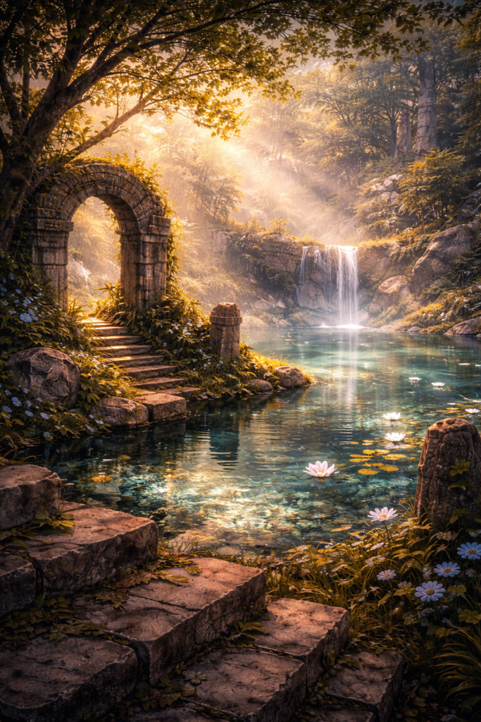 森の奥に広がる静かな湖と滝、苔むした石段や遺跡が朝の柔らかな光に照らされる幻想的な風景。時間の流れと再生を感じさせる、穏やかなファンタジー背景イラスト。