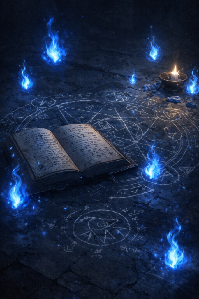 石造りの床の上に古代の書物と儀式用の紋様が描かれ、周囲に青い魔法の炎が静かに浮かぶアニメ調ダークファンタジーイラスト。柔らかな光に包まれ、祓魔や霊的な力を象徴する神秘的な雰囲気が表現されている。
