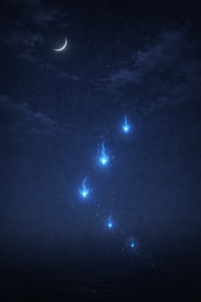 星が瞬く静かな夜空に、青い炎がいくつも浮かびながら次第に闇へと溶けていく様子を描いたアニメ調イラスト。穏やかで内省的な雰囲気の中に、葛藤と成長を象徴する静かな余韻が表現されている。