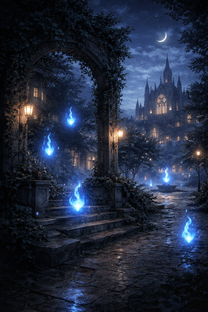 月明かりに照らされた石畳の街並みと荘厳な大聖堂を背景に、青い魔法の炎が静かに宙を漂うアニメ調ダークファンタジーイラスト。静謐で神秘的な夜の雰囲気が、祓魔と超常の世界観を象徴している。

