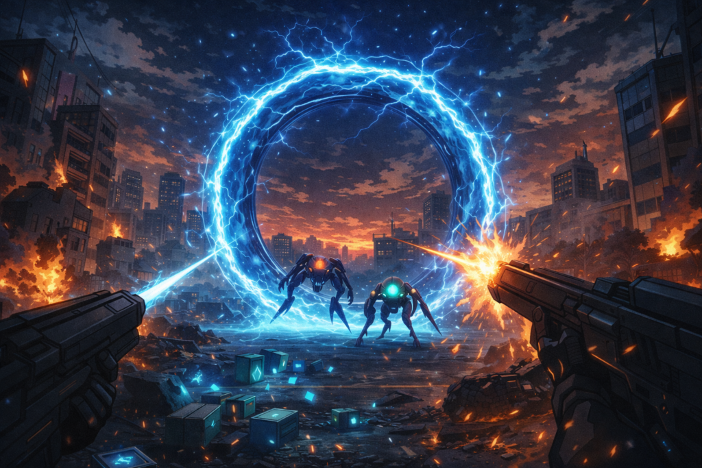 夕暮れの都市に青白く発光する巨大なゲートが出現し、炎上する街並みの中で異形の侵略者が姿を現す様子を描いた近未来SF風イラスト。キャラクターは描かれておらず、世界観と緊張感を強く印象づける場面。
