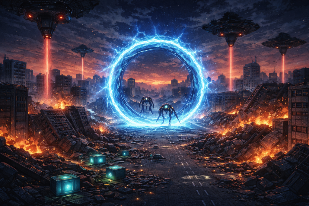 崩壊した近未来都市の中心に青白く発光する巨大な円形ゲートが開き、異世界からの侵略を示唆する存在が出現する様子を描いたSFイラスト。燃え上がる街並みと空に浮かぶ異質な構造物が、世界観の根幹にある脅威と緊張感を表現している。
