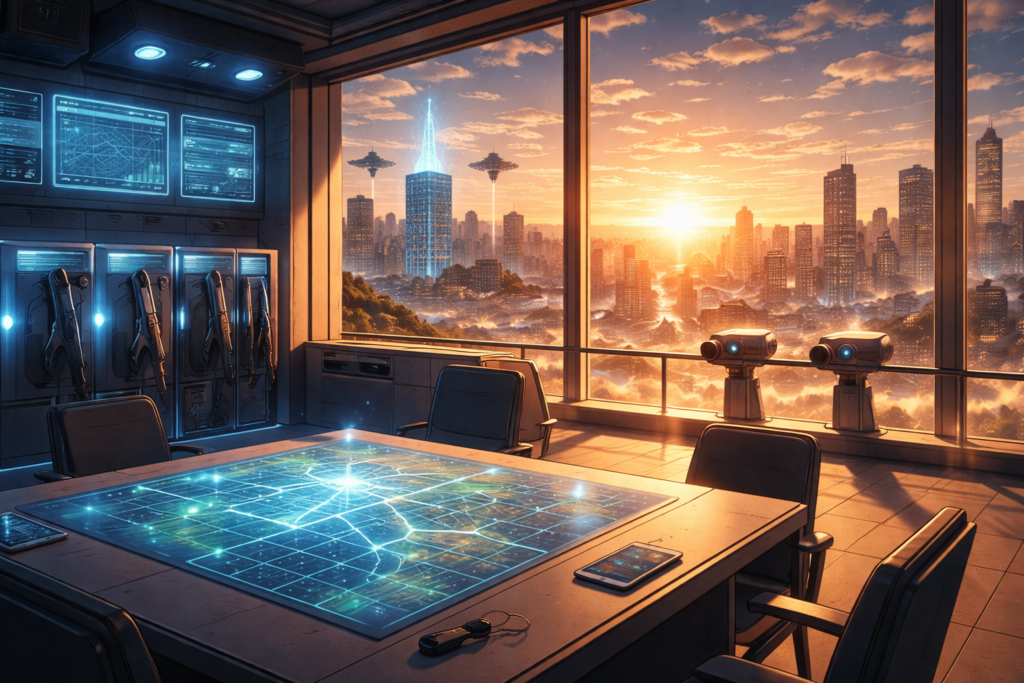 夜明けの近未来都市を見渡す高層の指揮室に、発光する立体戦略マップが置かれ、壁面のモニターや装備ラックが整然と並ぶ様子を描いたSF風イラスト。キャラクターは描かれておらず、組織的な防衛と戦略性を印象づける場面。
