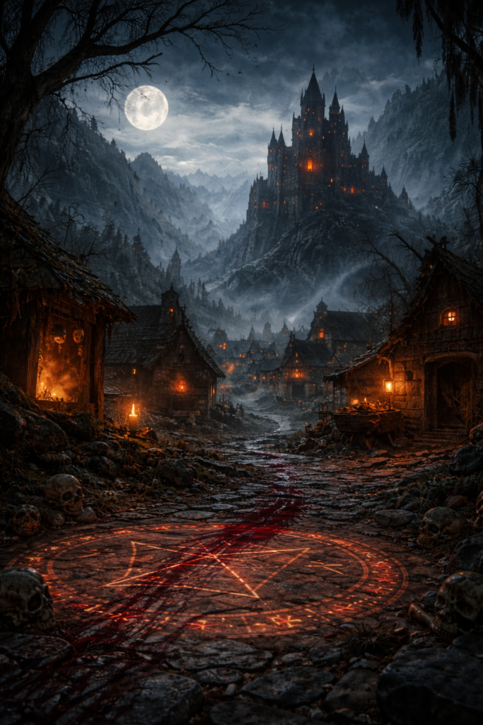満月に照らされた山間の村と、その奥にそびえる不気味な城を描いたダークファンタジー風の情景。石畳の道には血痕と魔法陣が残り、頭蓋骨や朽ちた家屋が並ぶことで、魔女への恐怖と迫害が根付いた世界観を象徴している。
