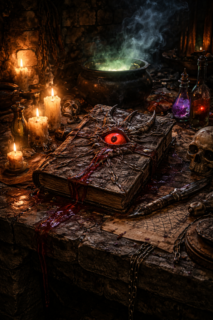 薄暗い地下の錬金術工房で、赤い目を持つ不気味な魔導書が石の台座に置かれ、周囲にはろうそく、頭蓋骨、薬瓶、血の跡が散らばっている。奥では緑色に光る大釜から煙が立ち上り、禁忌と恐怖が支配するダークファンタジーの世界観を象徴している。
