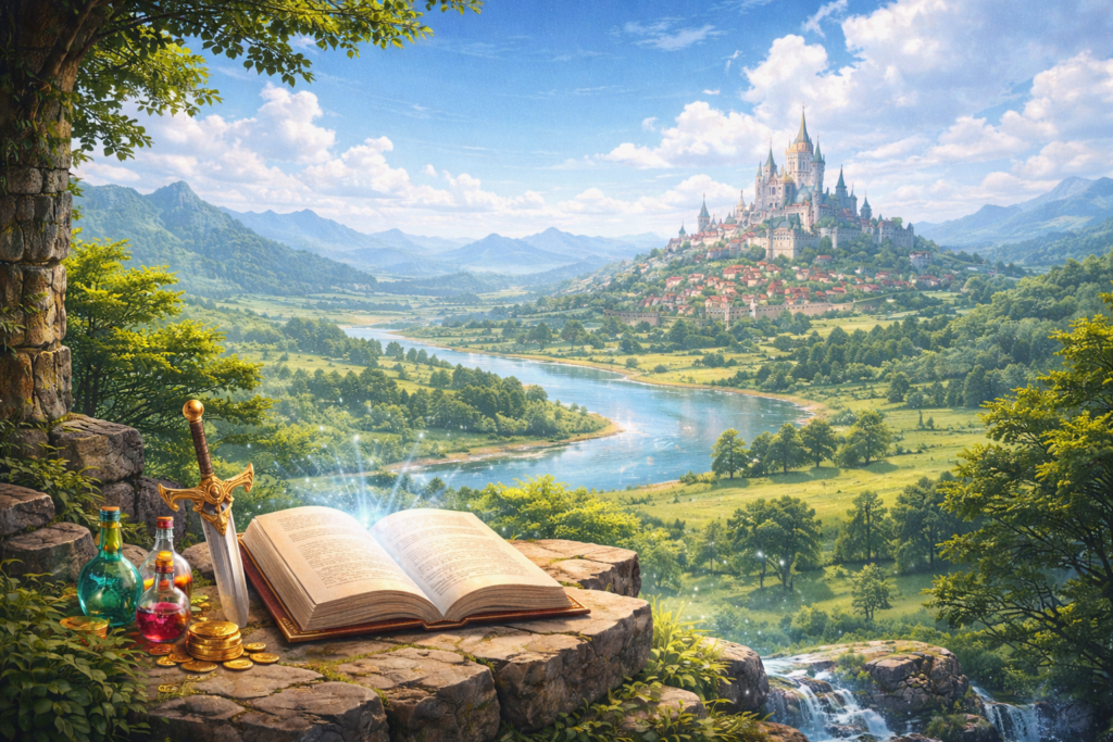 高台から見下ろす異世界ファンタジーの広大な風景。川が流れる緑豊かな大地の先に壮麗な城と街が広がり、手前の岩場には淡く光る開かれた魔法書、装飾剣、薬瓶、金貨が置かれている。魔法と貴族社会、冒険の世界観を象徴する構図。
