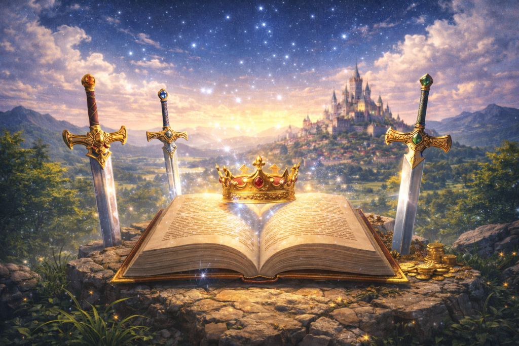 光を放つ開かれた魔法書の上に王冠が置かれ、その周囲を三本の装飾剣と金貨が囲む幻想的な風景。遠景には城と街が広がり、知恵・権威・力が調和する異世界ファンタジーの世界観を象徴している。
