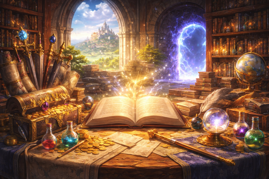魔法書が置かれた書斎風の空間に、剣や巻物、薬瓶、金貨が並び、奥には青白く輝く転移魔法のゲートが開いている幻想的なシーン。知識・富・魔法・冒険が交差する異世界ファンタジーの魅力を象徴する構図。
