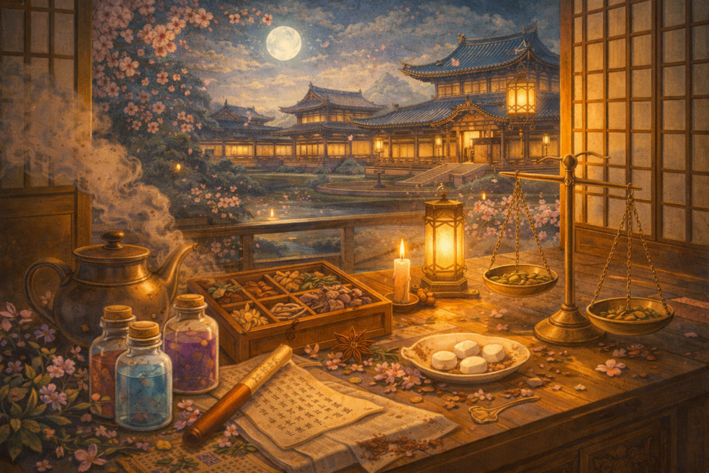 月明かりに照らされた後宮の一室で、薬草や薬瓶、天秤などの薬学道具が静かに並ぶ様子を描いたイラスト。穏やかな灯りと花びらが舞う情景から、この作品の知的で落ち着いた世界観が伝わる。
