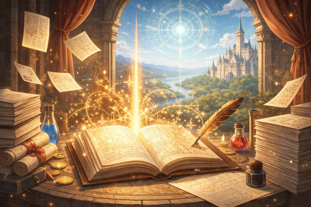 光を放つ魔導書と整然と並ぶ書類や薬瓶が石造りの室内に描かれ、異世界ファンタジーの中で知識と仕事が物語を動かすことを象徴する、穏やかで幻想的な雰囲気のイラスト。