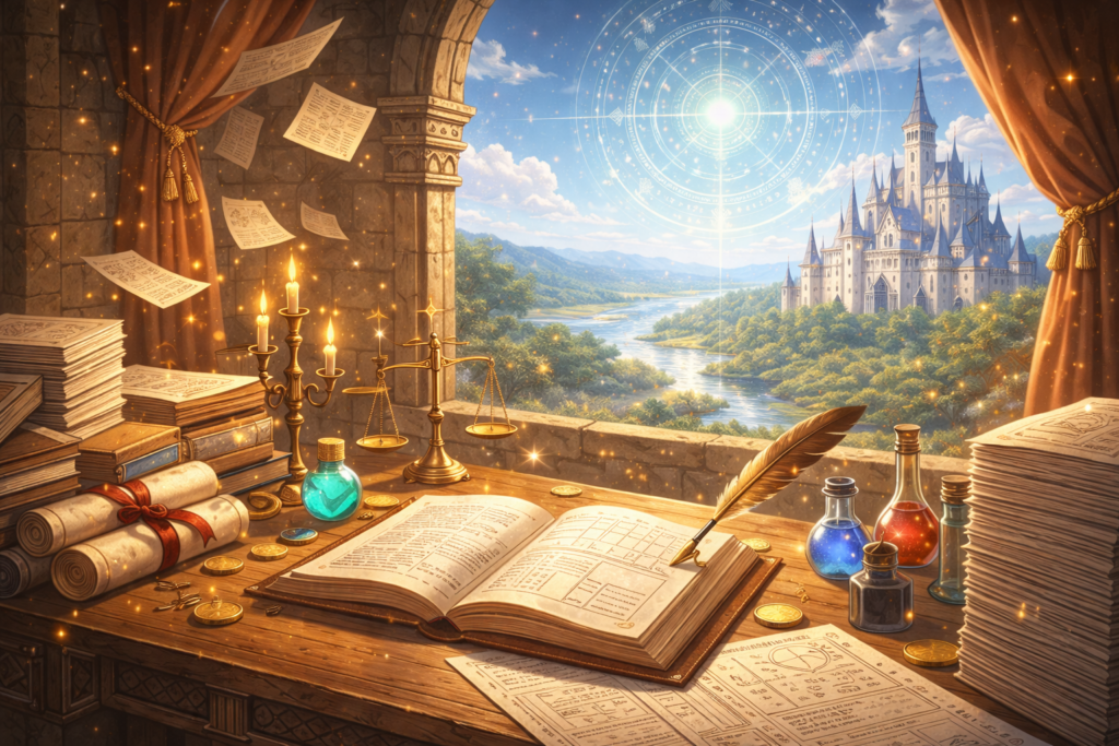 石造りの執務室の机に帳簿や書類、天秤、薬瓶が整然と並び、窓の外には魔法陣が輝く城と自然豊かな異世界の景色が広がる、仕事と魔術が共存するファンタジー世界を象徴したイラスト。