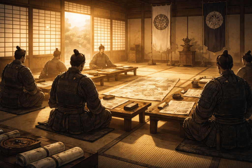 戦国時代の重要な意思決定を描いた会議の場面。障子越しの光が差し込む座敷で、低い机に文書や巻物が整然と並び、後ろ姿の人物たちが歴史の転換点となる政治的判断を象徴しているイラスト