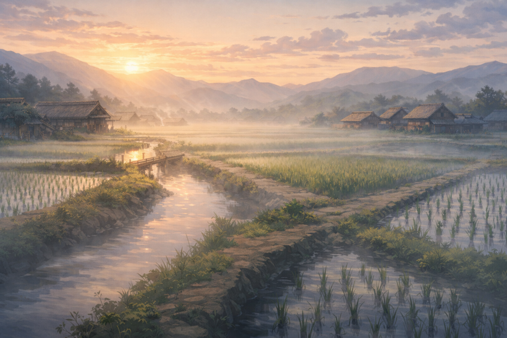 戦国時代をイメージした早朝の農村風景。朝霧に包まれた水田と用水路、木造の農家と遠くの山々が、静かに始まる変化の象徴として描かれているイラスト
