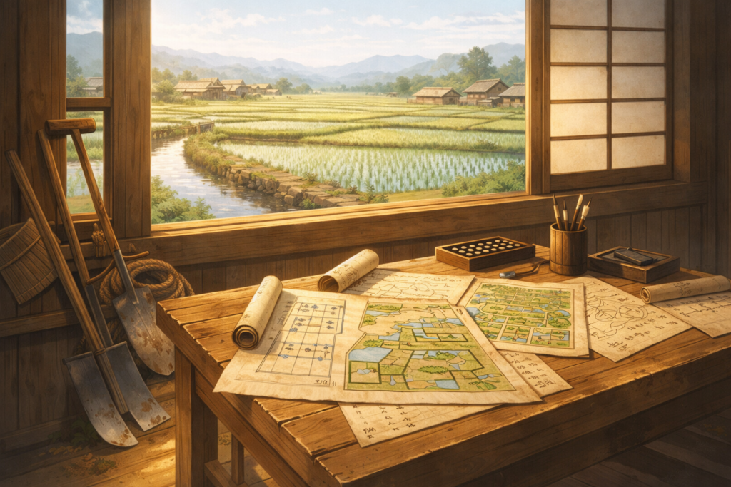戦国時代の農政改革を象徴する室内風景。窓際の木製の机に農地図や作付計画が描かれた巻物が広げられ、そばには農具が置かれ、知識と計画による内政の様子を表現したイラスト