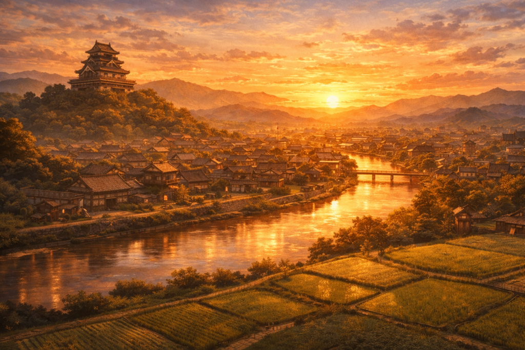 夕暮れの戦国時代の町を描いたアニメ調イラスト。川沿いに広がる家並みと田園、丘の上の小さな城が黄金色の光に包まれ、平和で発展する町の様子が表現されている。
