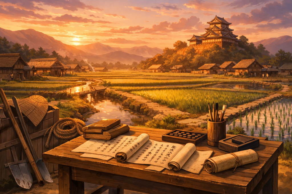 "戦国時代の農村と城を舞台にした、知恵と内政を象徴する世界観イメージ"