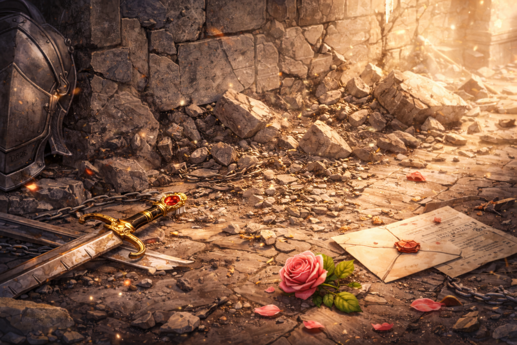 崩れた石壁の前に、傷ついた剣や鎧、封蝋のついた書状、散った薔薇の花びらが残されている。理不尽な婚約破棄と力による逆転を象徴する、悪役令嬢ファンタジーの印象的な場面を表現したイラスト
