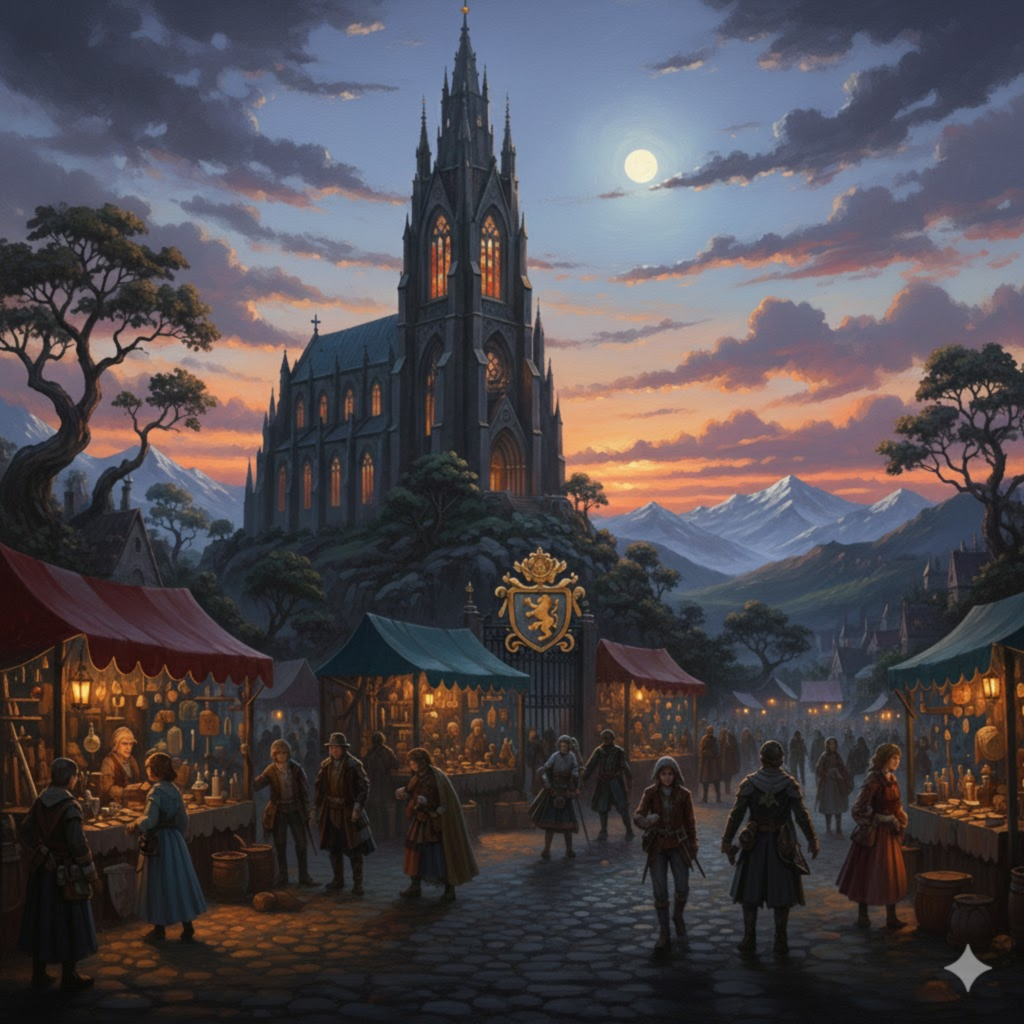 夕暮れの空と月を背景に、大聖堂がそびえる中世風ファンタジーの街並み。灯りのともる市場には露店が並び、人々が行き交う活気ある情景が描かれているイラスト
