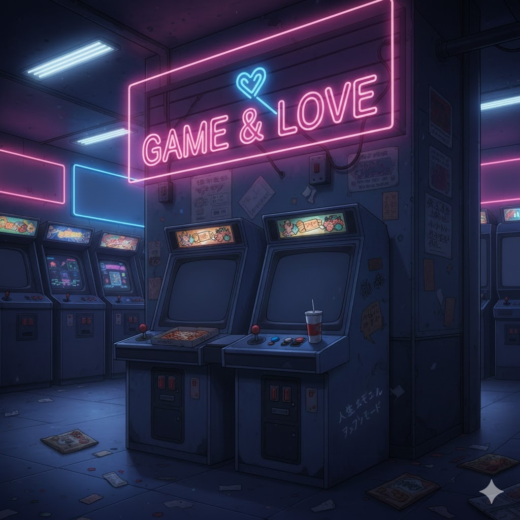 作品のテーマである「遊び（ゲーム）」と「男女の関係（ラブ）」が不可分であることを、退廃的な雰囲気で表現しています。