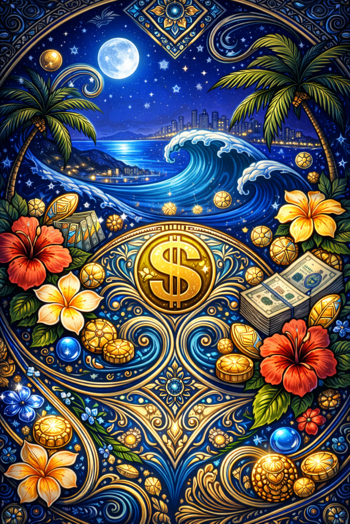 夜のハワイをモチーフに、月明かりに照らされた海と都市の光、南国植物や装飾的な模様で構成された抽象イラスト。静かな緊張感と富への野心を象徴する幻想的な世界観が表現されている。
