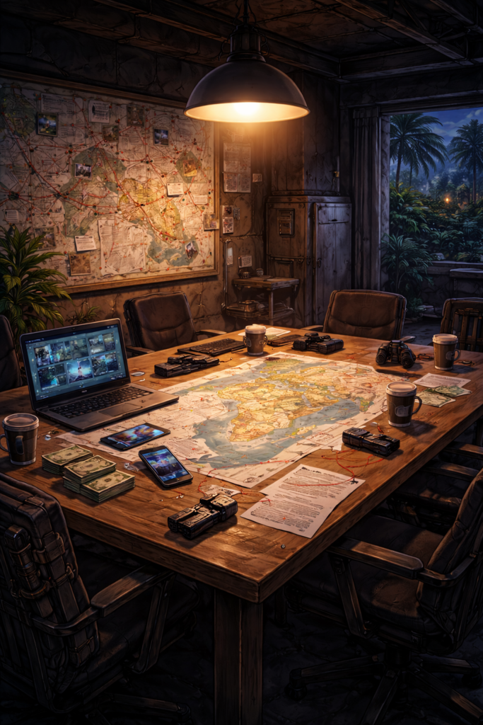 夜の現代ハワイを思わせる地下室で、地図や資料、電子機器が並ぶ作戦会議前の空間を描いたイメージイラスト。人物は登場せず、静かな緊張感と知略を巡らせる雰囲気が表現されている。
