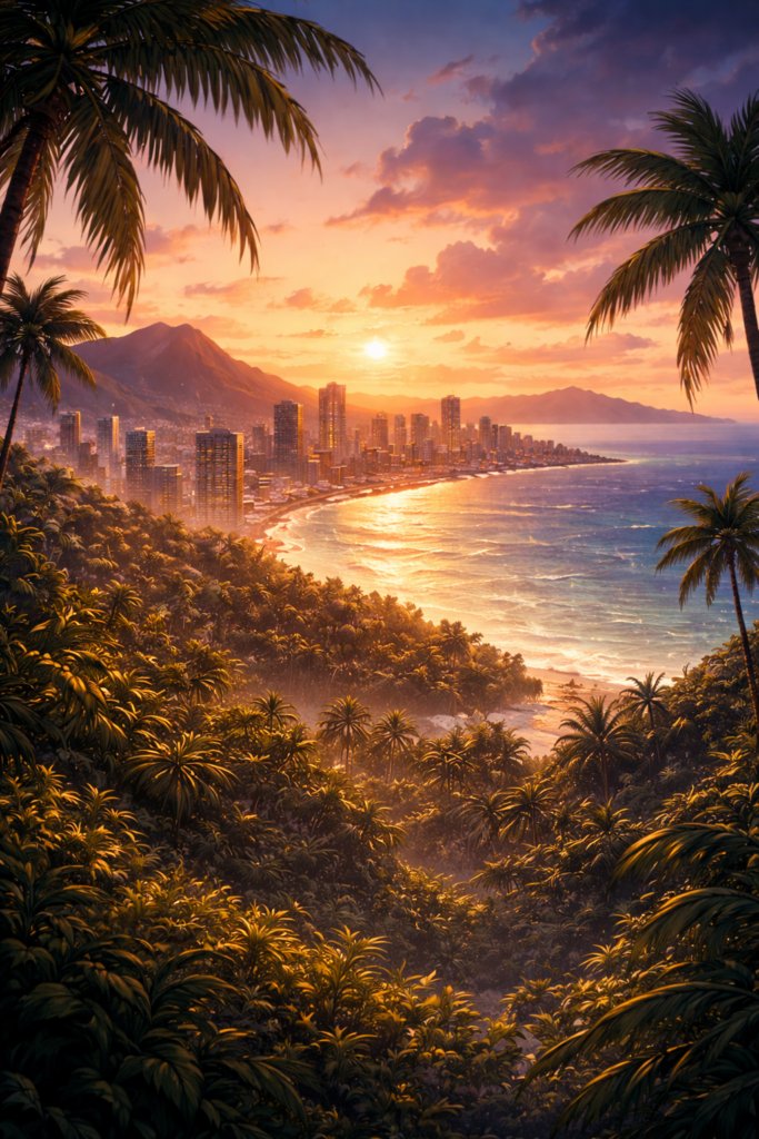夕暮れから夜へ移り変わるハワイの海岸線と都市を俯瞰したイメージイラスト。ヤシの木が茂る南国の自然と海沿いの街並みが調和し、静けさの中に緊張感を感じさせる風景が描かれている。