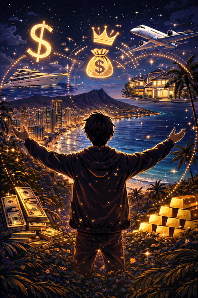 夜のハワイの都市と海を見下ろす高台に立つ若者の後ろ姿を描いたイメージイラスト。空には富や成功を象徴する抽象的な記号が浮かび、南国の風景とともに大きな野望や上昇志向を表現している。
