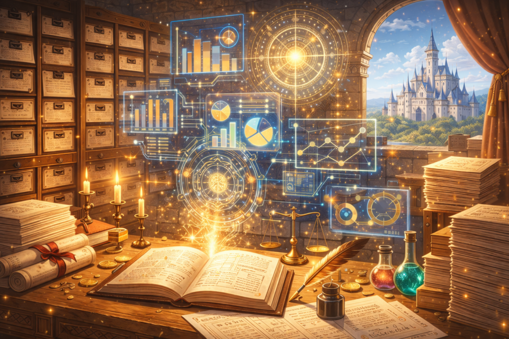 書類や帳簿、天秤が並ぶ執務机の上に、魔術と連動した分析図やグラフの光が浮かび上がり、異世界において事務スキルと管理能力が力を持つことを象徴する幻想的なファンタジーイラスト。