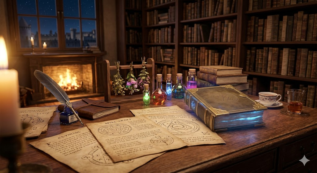 『葬送のフリーレン』の世界観を表現した、古い木のデスクの上に置かれた魔導書と羊皮紙の魔方陣、ハーブティーの静かな風景