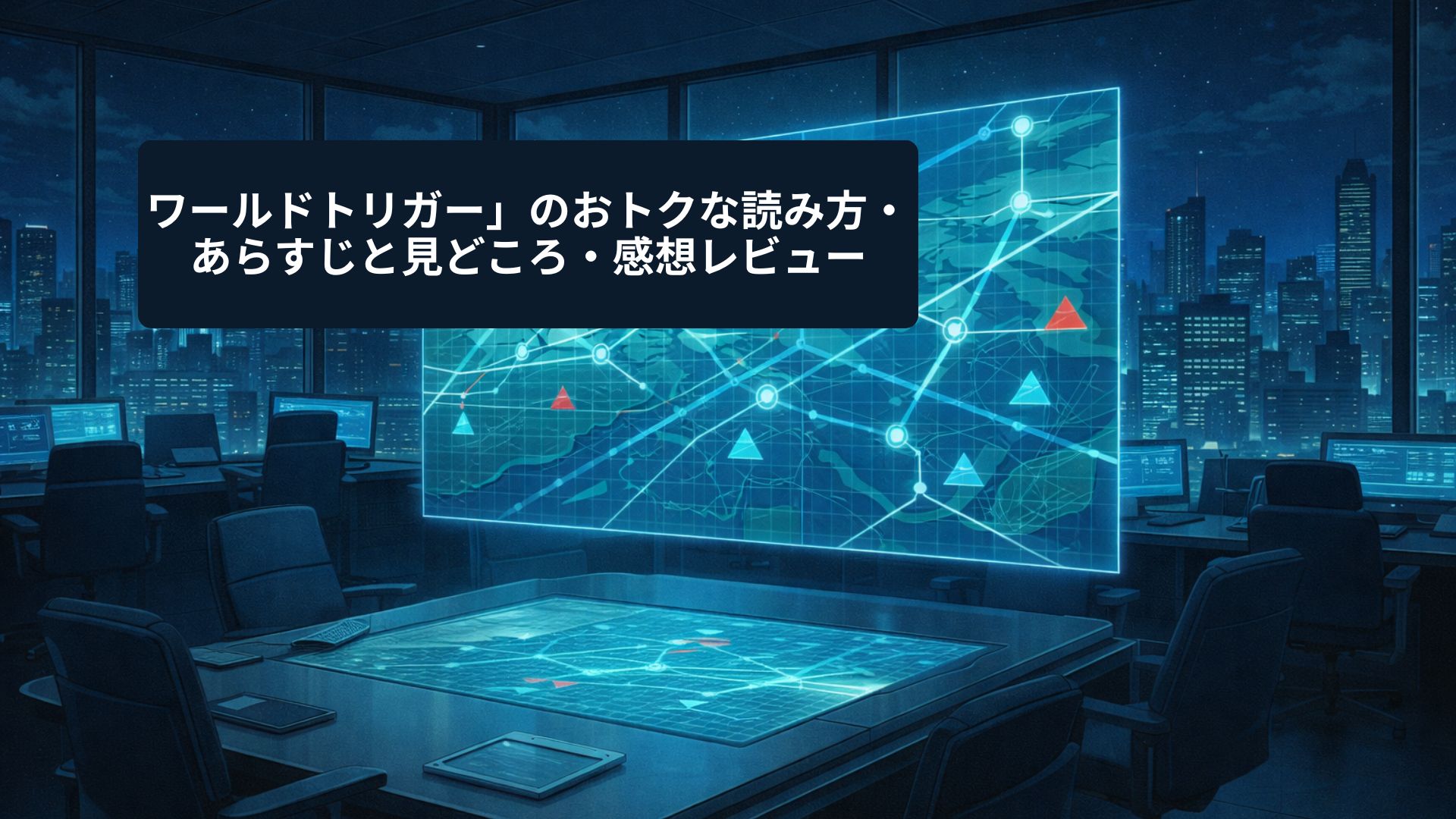 夜の近未来都市を見下ろす無人の戦術指揮室に、青く発光するホログラム戦略マップが浮かび上がり、チーム運用を示すラインやノードが静かに配置された、知的で緊張感のあるSF風イラスト。