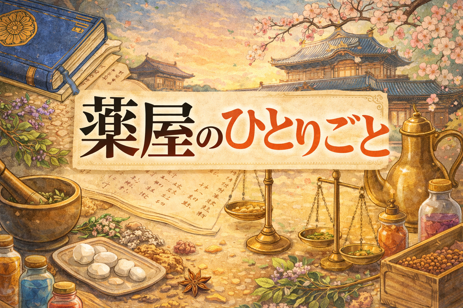 宮廷を背景に、薬草、薬瓶、天秤、古文書などの薬学道具が並び、物語のテーマである薬学ミステリーと後宮の雰囲気を象徴的に描いている。人物は描かれていない。