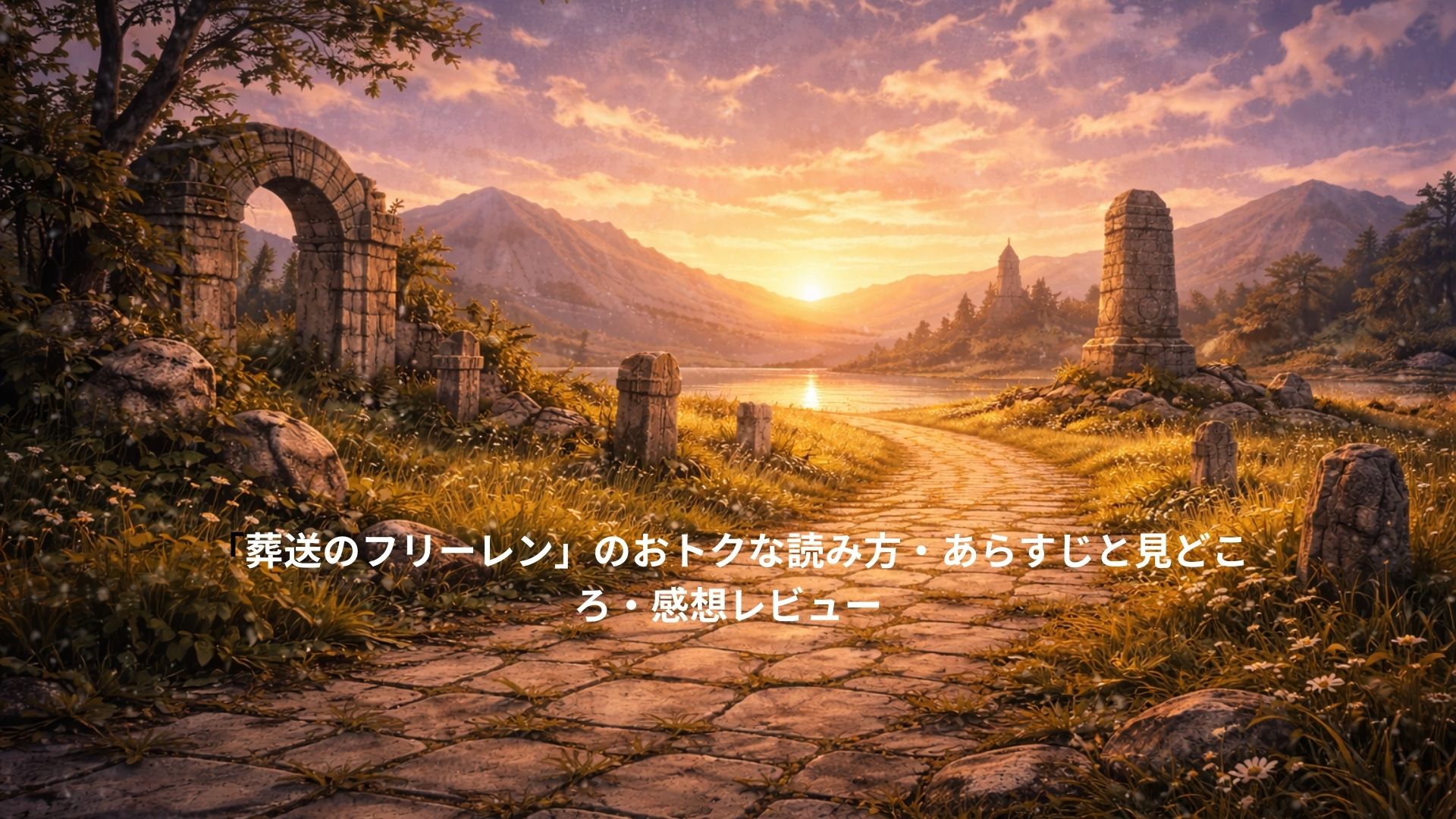 長い旅路と時間の流れを象徴するファンタジー作品のイメージ。遠くまで続く石畳の道、風化した遺跡や石碑が点在している。夕暮れの柔らかい光、落ち着いた色調、物悲しくも穏やかな空気感。