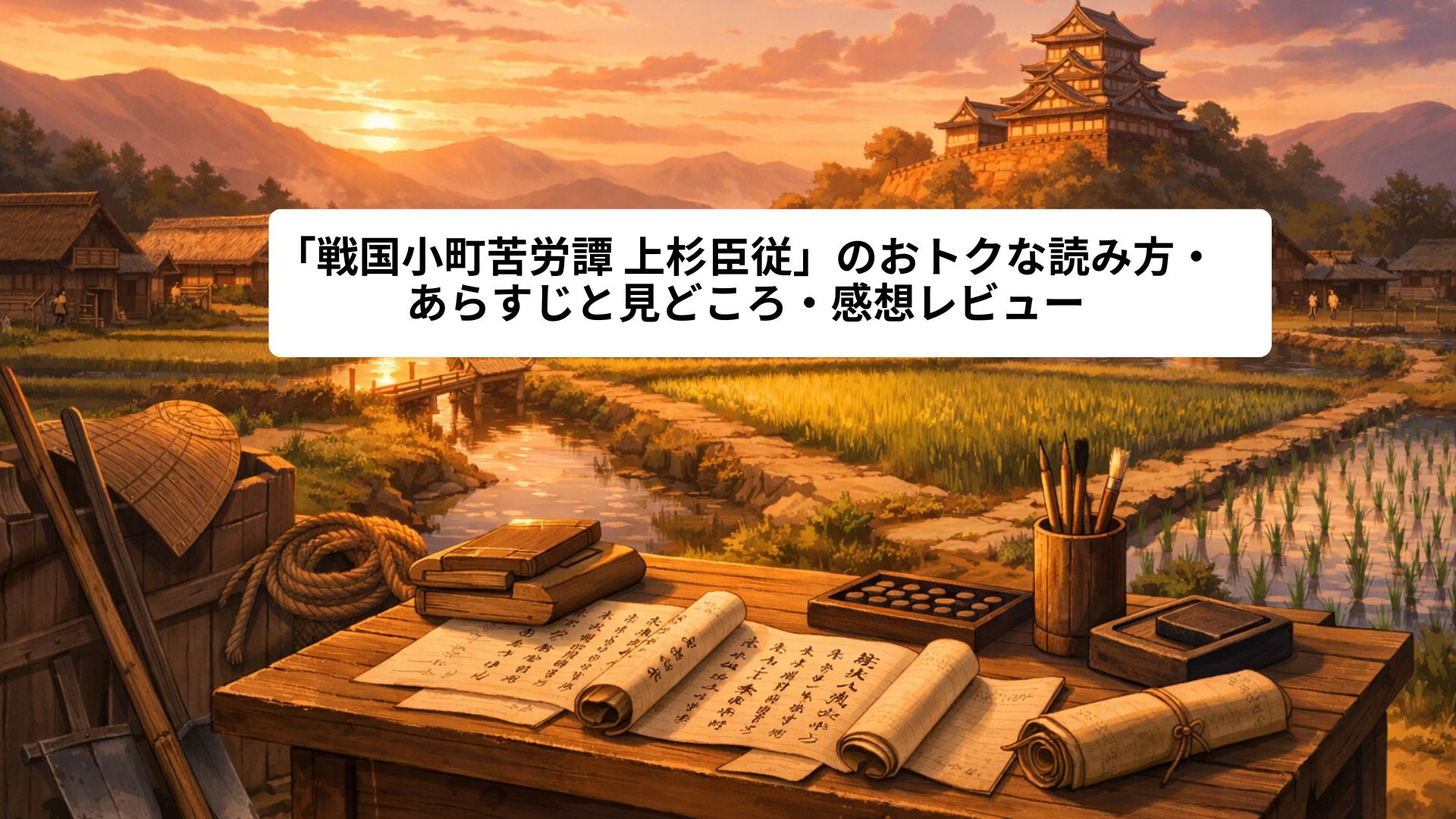 "戦国時代の農村と城を舞台にした、知恵と内政を象徴する世界観イメージ"