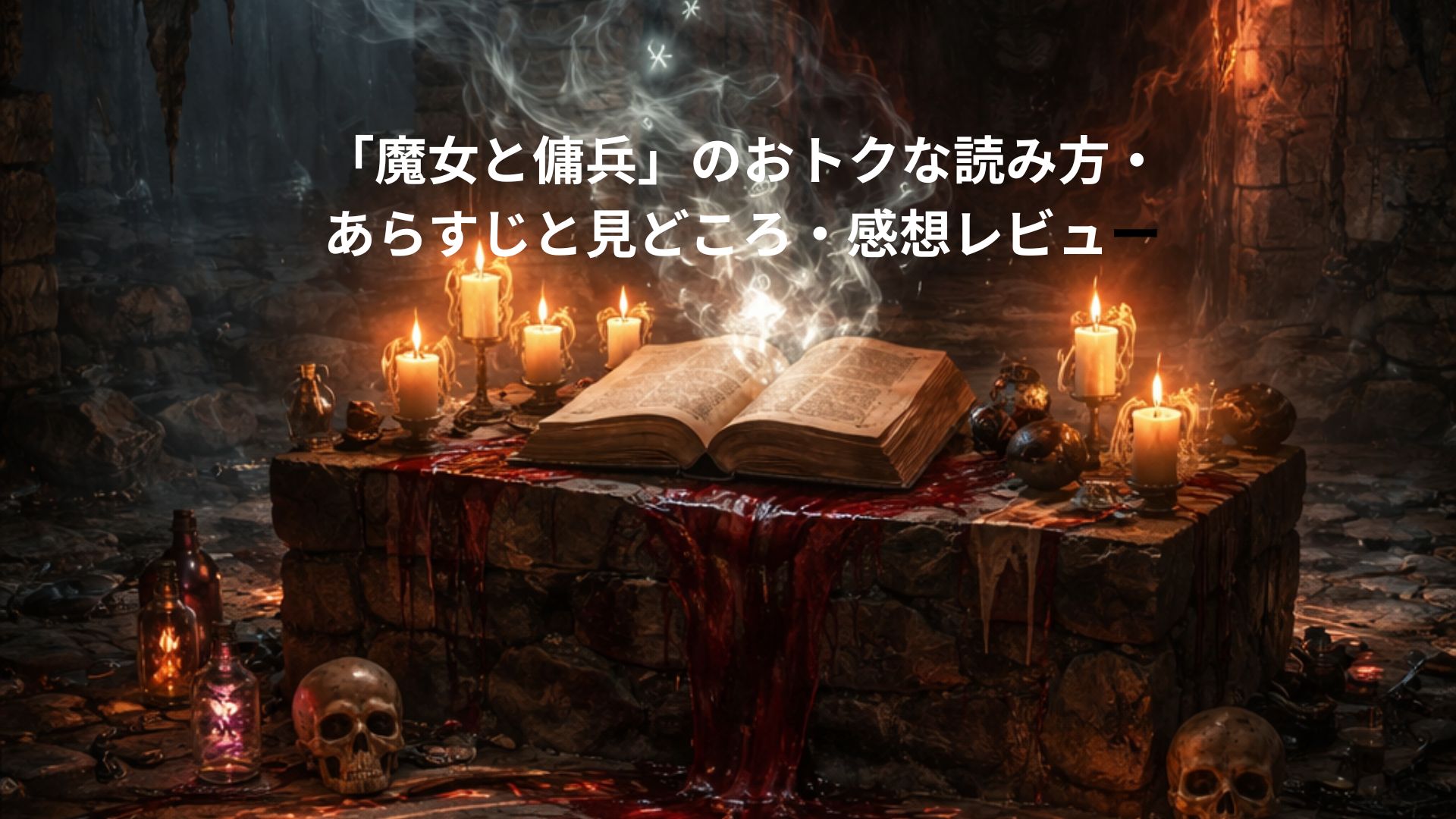 薄暗い石造りの地下空間で、祭壇の上に置かれた古書から白い煙と魔法陣が立ち上るダークファンタジー風の場面。血痕の残る床、ろうそくの灯り、怪しげな薬瓶や頭蓋骨が散らばり、不穏で緊張感のある世界観を象徴している。