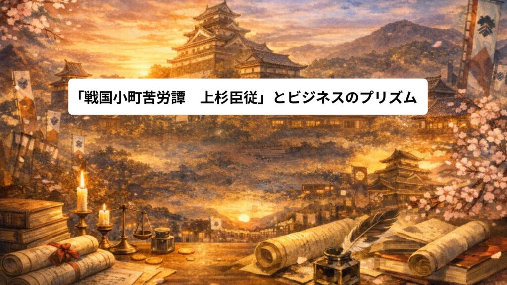 夕暮れ時の戦国時代風の城下町を描いたイラスト。山に囲まれた城と町並み、桜の花、手前には巻物や筆、書物が置かれ、知と統治を象徴する落ち着いた風景。