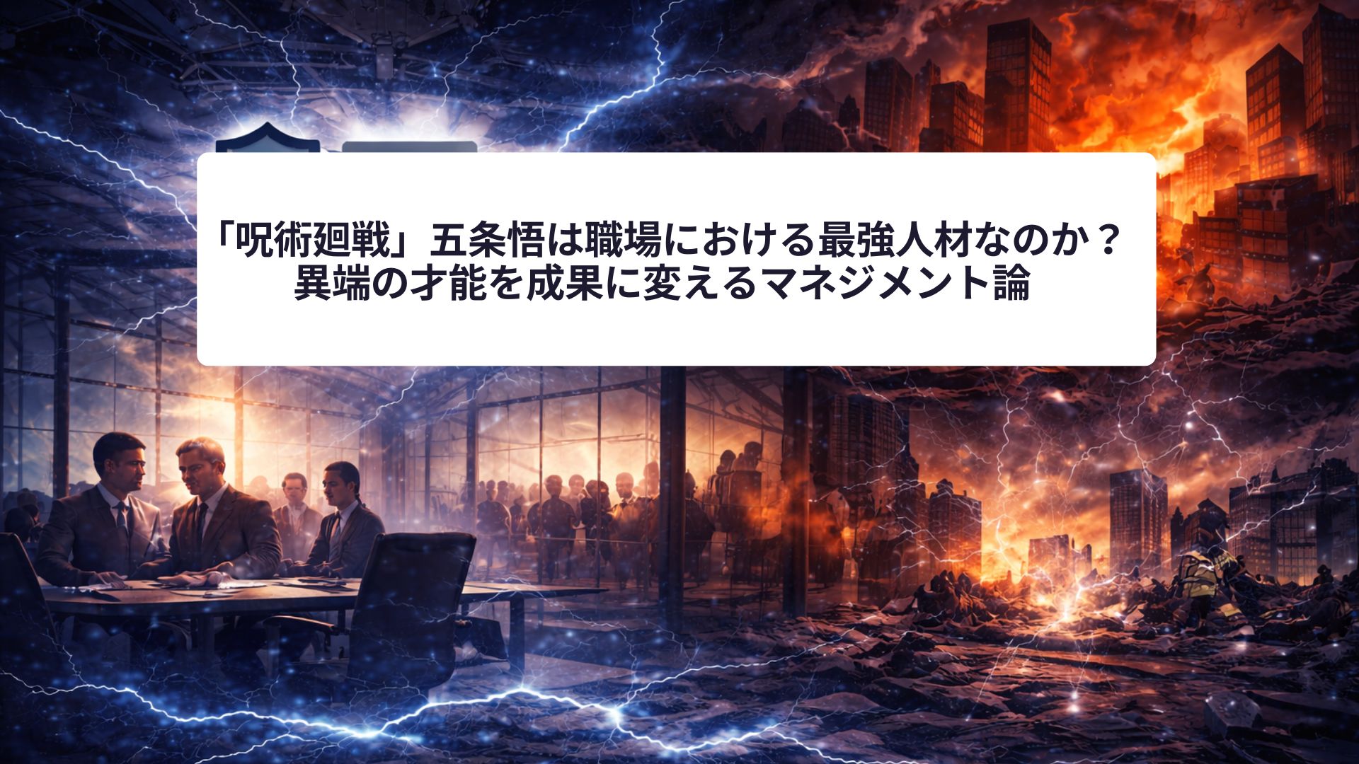 危機対応を協議するビジネスチームの会議空間と、災害により混乱する都市の対比を描いた抽象的なイメージ。平時の意思決定と非常時のリスクマネジメント、BCPの重要性を象徴している。