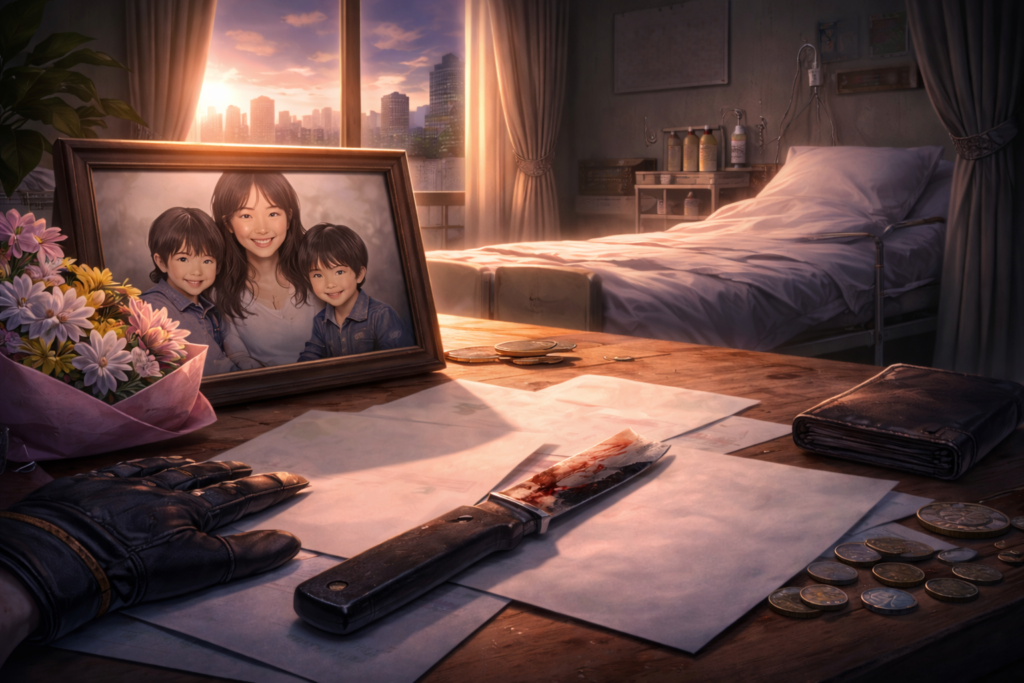 夕暮れの静かな室内で、家族写真と花束が置かれた机の上に、医療費の請求書や少額の硬貨、使い込まれた装備品が並ぶ情景。奥には病室のベッドが見え、家族を支えるために戦う覚悟と切実な動機を象徴する世界観を表現している。