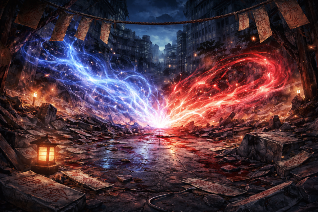 夜の都市で崩れた建物と瓦礫に囲まれた路上。青と赤のエネルギーが激しく衝突し、呪力同士のせめぎ合いを象徴するように空間が歪む、呪術廻戦の見どころを表現したイラスト
