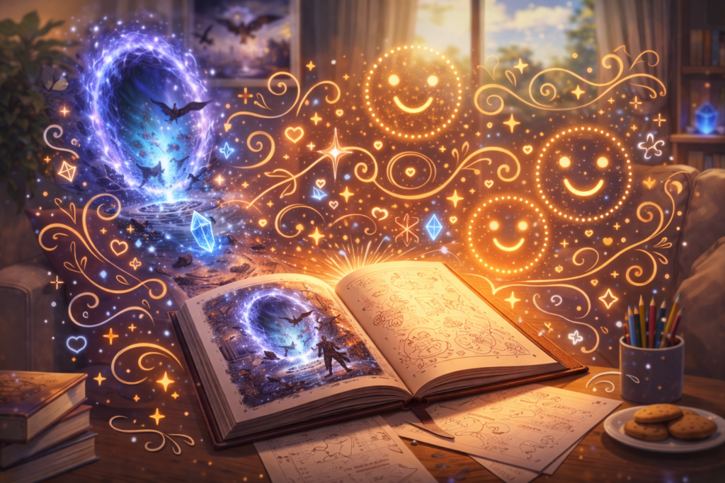 木製のテーブルの上に開かれた本から、光の渦や幾何学模様、星や結晶を思わせる記号が立ち上がり、穏やかな空間に広がっていく幻想的な風景。人物や文字を用いずに、物語世界を安全に楽しむイメージを象徴している。