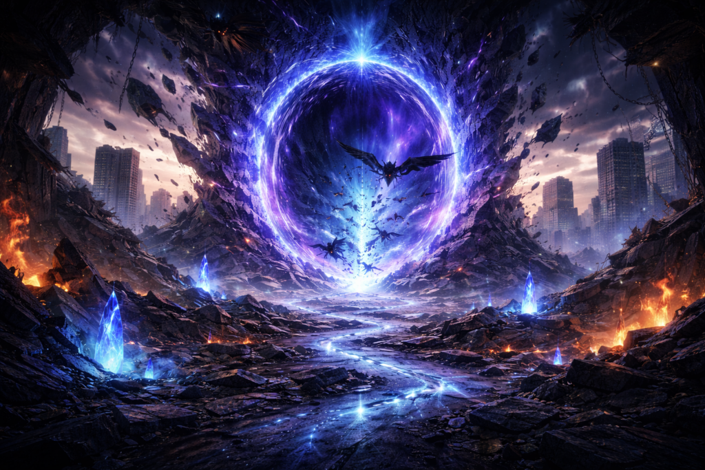 崩壊した都市の中心に巨大な異次元ゲートが開き、青紫色のエネルギーが激しく渦巻いているダイナミックな風景。瓦礫が舞い上がり、地面には魔力の結晶が輝く、圧倒的なスケール感の世界観を表現している。