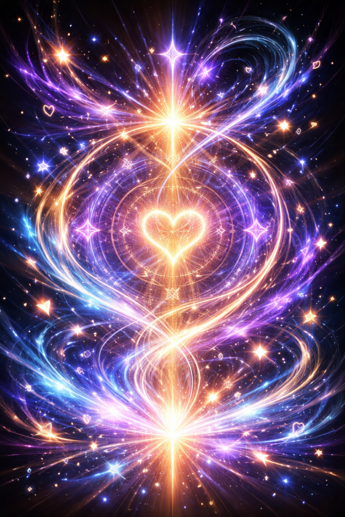 光の粒子や幾何学的な記号が渦を描きながら広がり、中心から放射状にエネルギーが立ち上る幻想的な模様のイラスト。言葉を使わず、作者から読者へ想いが伝わっていくような動きと広がりを象徴している。