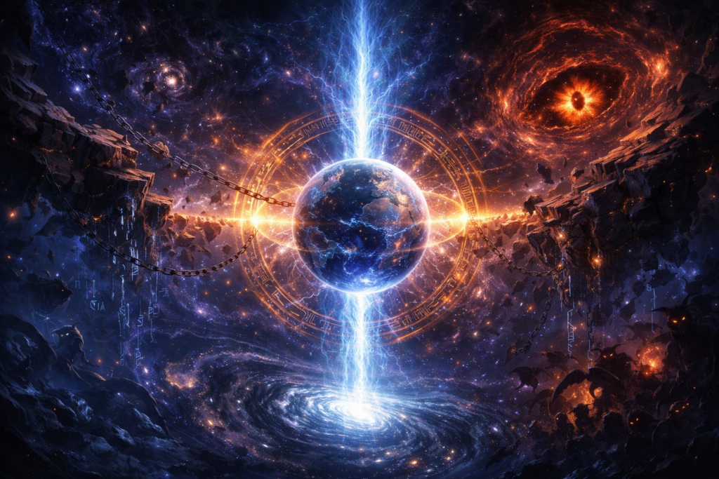 宇宙空間に浮かぶ地球を中心に、巨大な魔法陣と光の柱が交差し、世界の法則や均衡が崩れつつある様子を描いた幻想的な風景。異次元の裂け目や鎖、渦巻くエネルギーが、世界そのものの仕組みへ踏み込む物語後半のスケール感を象徴している。