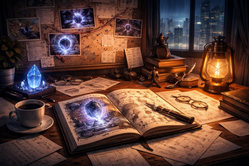 深夜の書斎を思わせる静かな空間で、古書や設計図、異世界を描いたスケッチが並ぶ机の上に、淡く光る結晶とランタンが置かれている情景。窓の外には雨に濡れた都市の夜景が広がり、現実と幻想が交差する中で物語が生まれる背景を象徴している。