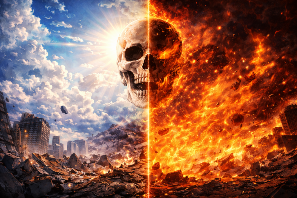 崩壊した都市を背景に、空間が左右で分断され、片側は青空と光、もう片側は炎と破壊に包まれている。中央には光と炎に二分された骸骨が浮かび、救いと絶望、生と死の対立を描く呪術廻戦の作品方針を象徴したイラスト
